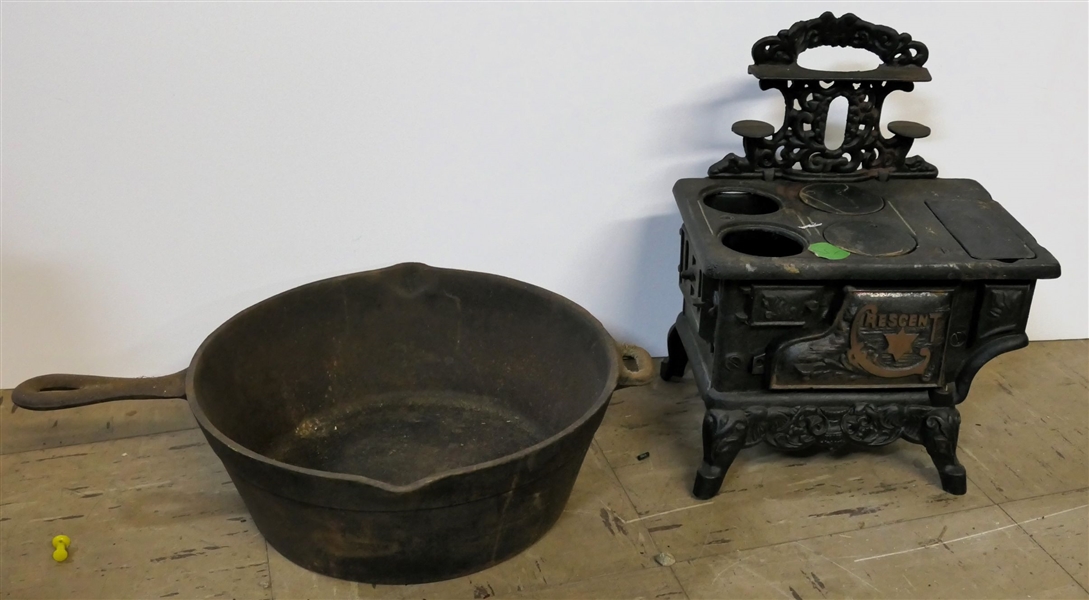 Miniature Cast Iron Stove - Missing 2 Burner Covers and Heavy Cast Iron Pot - Double Pouring Spouts - Stove Measures 6 1/2" tall 9" by 6" 