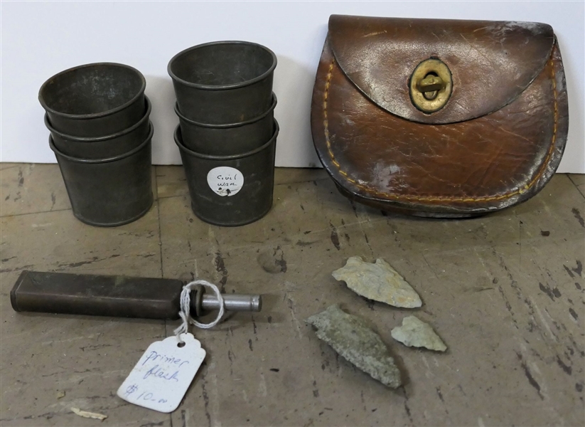 Civil War Cups, Thompson Machine Gun Oiler, Arrowheads, and Leather Pouch