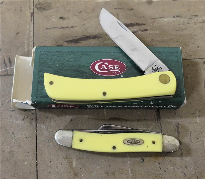 2 - Case XX Pocket Knives -3 Blade and Single Blade - Yellow Handles - Like New - with Box