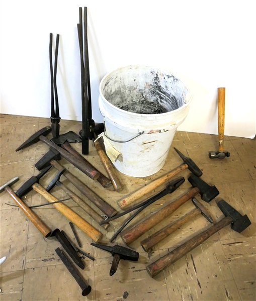 Bucket Full Of Hammers, Blacksmith Hammers, Plumb Hatchet, Tongs, Anvil Pegs, and Iron Pieces