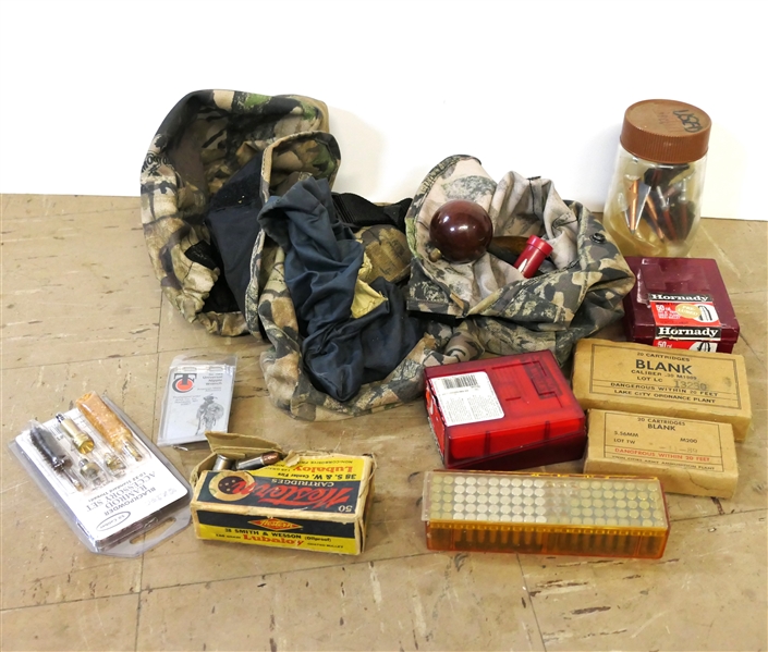 Camo Hunting Belt Pouch Full of Hunting / Shooting Accessories - .22 Bullets, Western. 38  Bullets, Blanks, Arrow Razor Tips, 1 Empty and 1 Partial Hornady Box, Ram Rod Kit. 