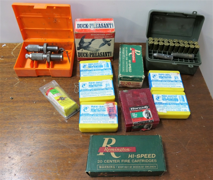 Lot of Ammunition including 32-30 Win, 35 Remington, Few 12 Gauge in Paper Box, Hornady Muzzle Loading 50 Cal. 5 Full Boxes of Maxi Ball .54 Caliber Bullets, Bowstring Wax, and 2 - Lyman Reload Dies
