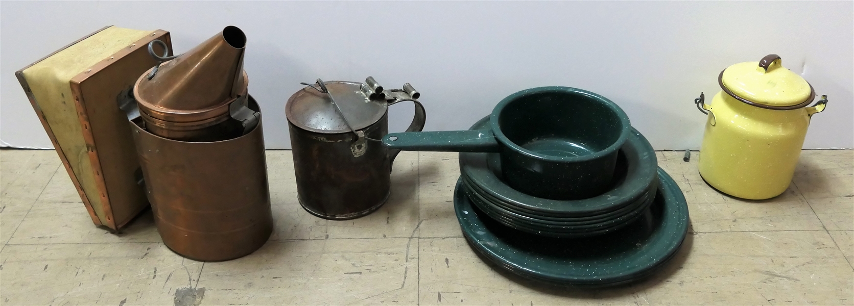 Modern Enamel Plates, Bowls, and Pot, Dadant & Son Bee Smoker, Enamel Milk Pail, and Other Tin Pail 