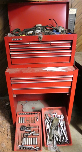 Red Stak - On Tool Chest Full of Tools - including Craftsmen Wrenches, Sockets, Ratchets, Screwdriver, Gagues, Saw Blades, and More - Tool Chest Measures 44" Tall 27" by 19"