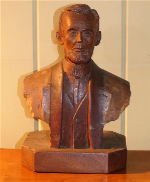 Wood Hand Carved Abe Lincoln Bust -Signed Bernando and PNS - Measures 12" Tall 7 1/2" by 5 1/2" 