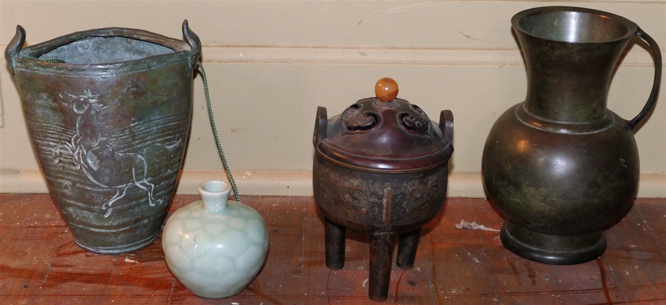 3 Japanese Bronze Vessels and Small Japanese Celadon Vase - Bronze Pitcher Measures - 8" Vase Measures 4" 