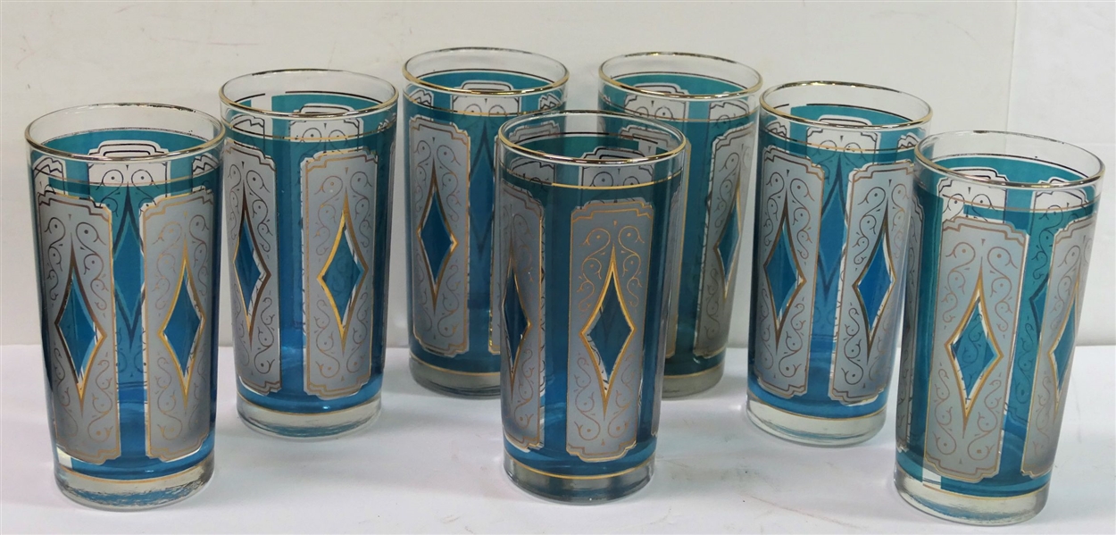 7 - 1950s Gold and Teal Tumbler Glasses - Each Measures 5 1/2" Tall 