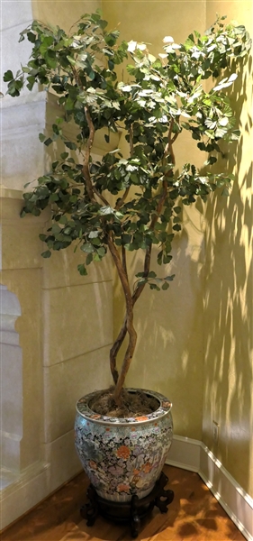 Beautiful Large Asian Planter in Wood Stand with Faux Ficus Tree - Planter Measures 20" Tall 22" Across - Tree and Planter Measures 96" Tall