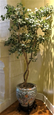 Beautiful Large Asian Planter in Wood Stand with Faux Ficus Tree - Planter Measures 20" Tall 22" Across - Tree and Planter Measures 96" Tall