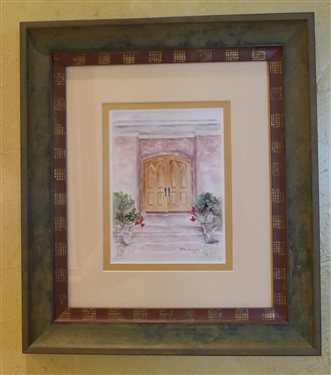 Betty Kinney 08 - Artist Signed Watercolor Painting of Doors with Flowers - Attractively Framed and Double Matted - Frame Measures 16" by 14" 