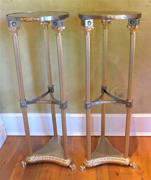 Pair of Beautiful Metal Marble Top Fern Stands - Gold Tone Columns with Silver Tone Brackets - Tops are Beautiful Gray Marble - Each Stand Measures 41" by 14" 