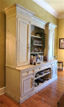 Habersham Furniture - Large French Provincial Style Offset Cupboard - Top Section Has 2 Blind Door Cabinets and Open Center Cabinet - Adjustable Shelves - Beadboard Back - Bottom Features 3 Drawers.