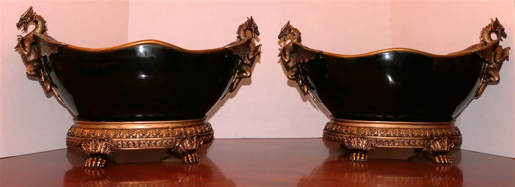 Pair of Decorative Dragon Bowls - Gold Dragons, Trim, and Claw Feet - Each Bowl Measures 9 1/2" tall 15" Across - One Has Minor Broken Area 