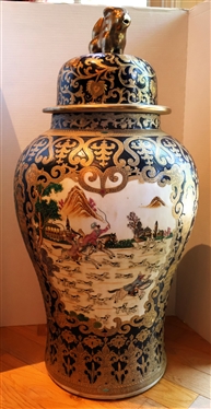 Large Modern Asian Ginger Jar Style Floor Urn with Foo Dog on Lid  - 4 Hunt Scenes on Sides - Each Measures 34" Tall 14" Across