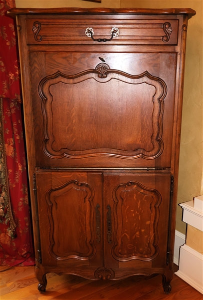 Nice Oak Drop Front Secretary Desk - Small Drawer At Top - Leaver Topped Drop Front Writing Surface - Double Door Cabinet At Bottom - Scrolled Feet and Shell Carvings - Measures 56 1/2" Tall 32" by...
