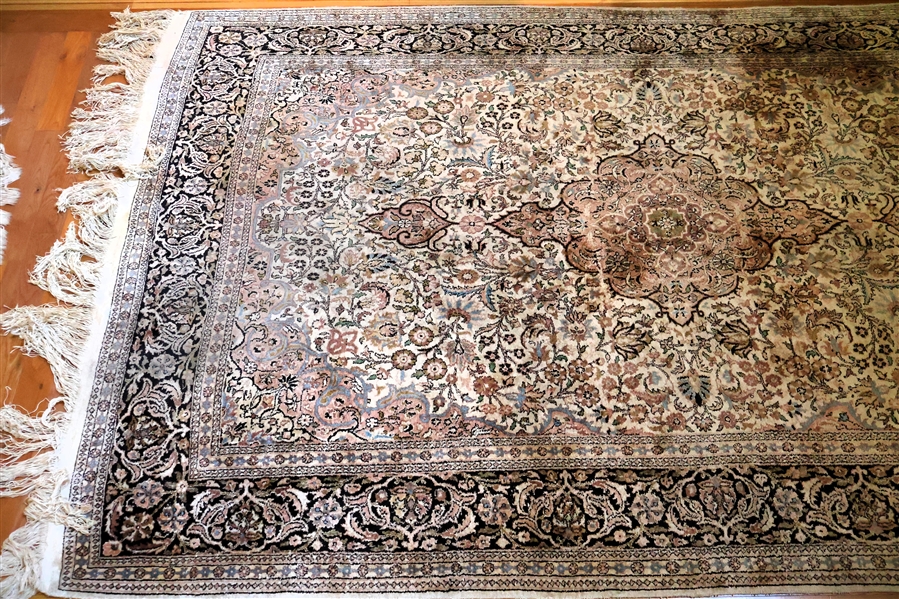 Beautiful Finely Woven Silk Oriental Rug -Cream Base with Pink, Black, and Tan Details  - Measures 96" by 6 