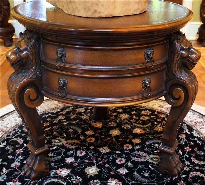 Round Foyer Table with 3 Figural Lion Cabriole Legs - 2 Drawers with Lions Head Pulls - Leather Top - Table Measures 30" Tall 32" Across