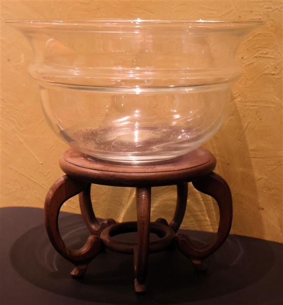 Nice Glass Bowl on Wood Stand - Bowl Measures 11 1/2" Across - Stand Measures 6" Tall