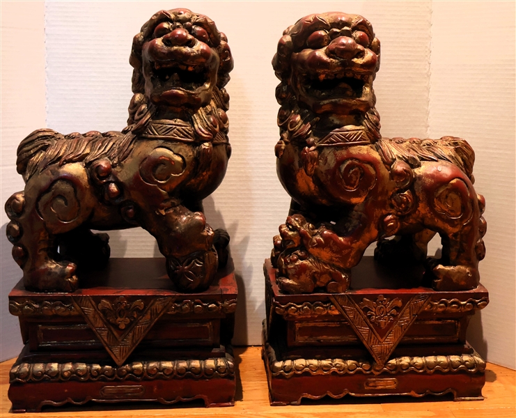 Pair of Resin / Composite Foo Dogs - Red and Gold Painted - Each Measures 18" Tall 