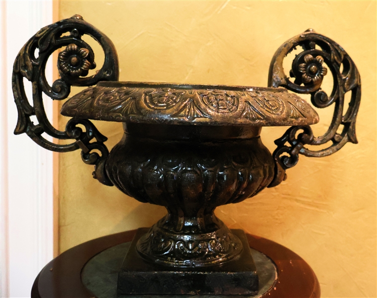 Cast Iron Urn with Flower Details - Decoratively Painted - Measures 9" Tall 16 1/2" Handle to Handle 