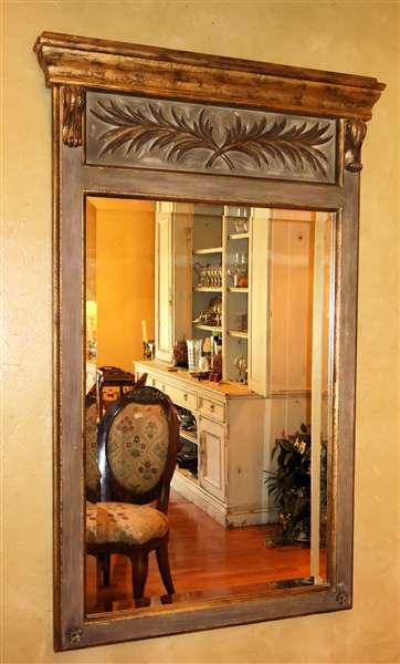 Large Beveled Mirror in Gold Gilt Frame Laurel Leaf Crest - Measures 65" by 38" 