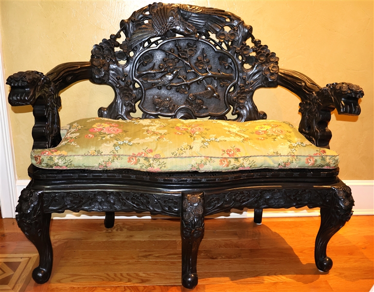 Late 19th Century Chinese Rosewood Settee - Pierced Back Carved with Phoenix Brid and Prunus Blossom Above Center Medallion - Floral Carved Birds and Blossoms - Plank Seat - Five Cabriole Legs -...