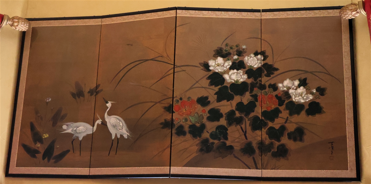 Original Hand Painted Japanese Screen - 4 Panels - Titled "Peony & Heron" by Artist Hyakuho - Measuring 36" by 70"
