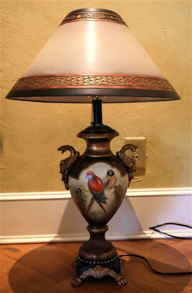 Decorator Table lamp with Matching Metal Shade - Parrots on Both Sides  - Lamp Has Claw Feet - Measures 34" Tall 