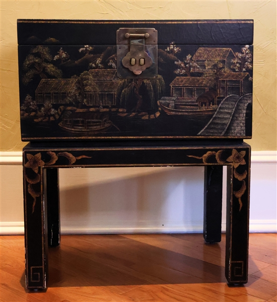 Chinoiserie Lift Top Small Chest on Stand -Overall  Measures 20" tall 16 1/2" by 11 3/4" - Some Minor Paint Flaking on Legs 