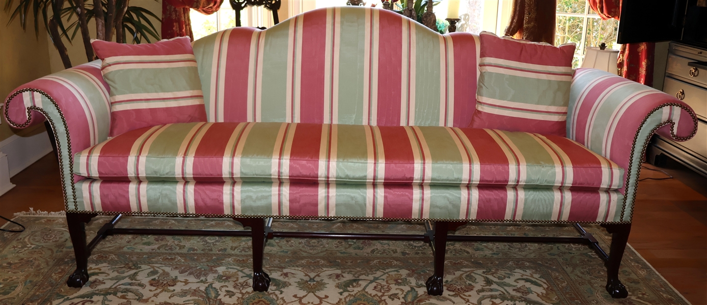 Kindell Furniture Sofa - Stretcher Base with Ball and Claw Feet - Down - Duck Feather Cushions - Clean Pink, Green, and Cream Striped Upholstery - Nail head Trim - Sofa Measures 40" tall 95" by 32"