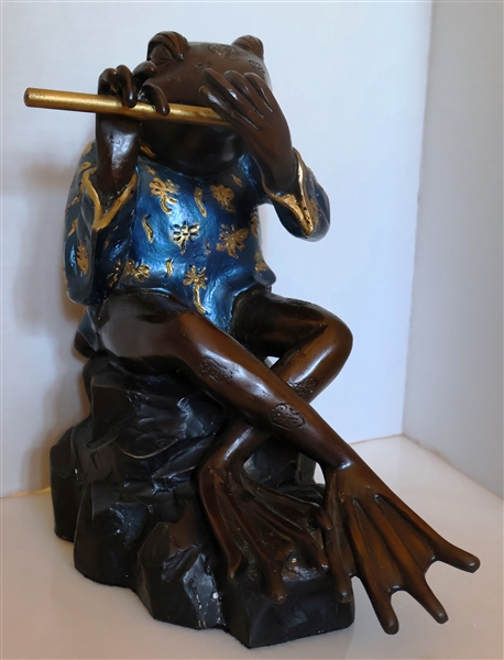 Bronze Frog Playing a Flute Statue - Measures 10 1/2" tall 
