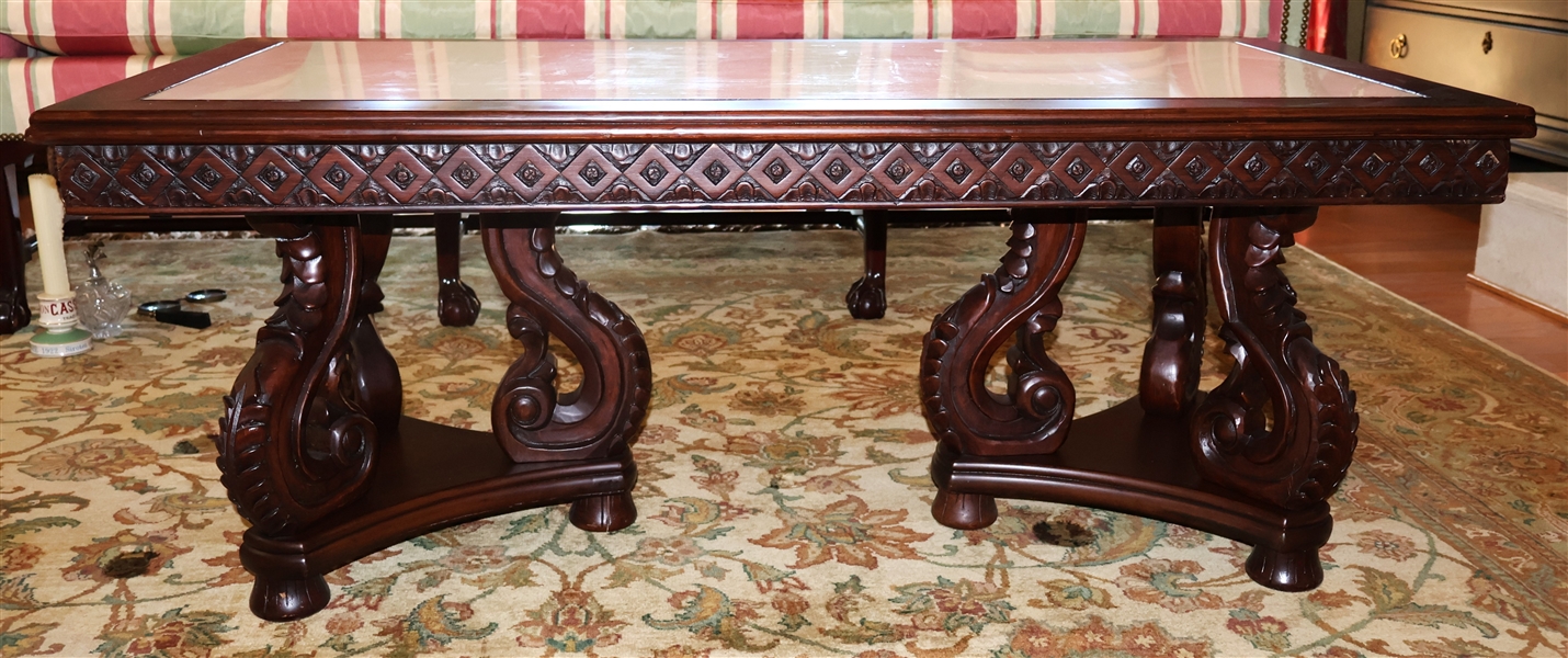 Marble Top Coffee Table with Wood Carved Frame - Leaf Details on Legs - Table Measures 19" Tall 48" by 24" 