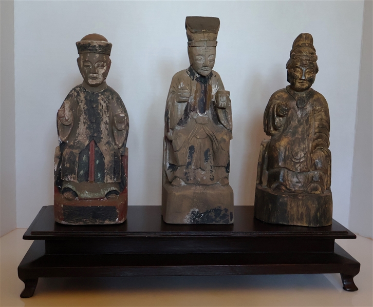 3 Chinese Carved Wood Figures on Wood Stand - Each Figure Measures Approx. 10" Tall Stand Measures 16" by 6" 