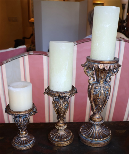 3 Ornate Graduating Decorator Candle Sticks - Tallest Measures 12" Smallest 6" 