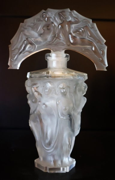 Unsigned French Perfume Bottle - Bottom Features Many Nude Figures - Stopper Has 2 Reclining Nude Women - Measures 8" tall 