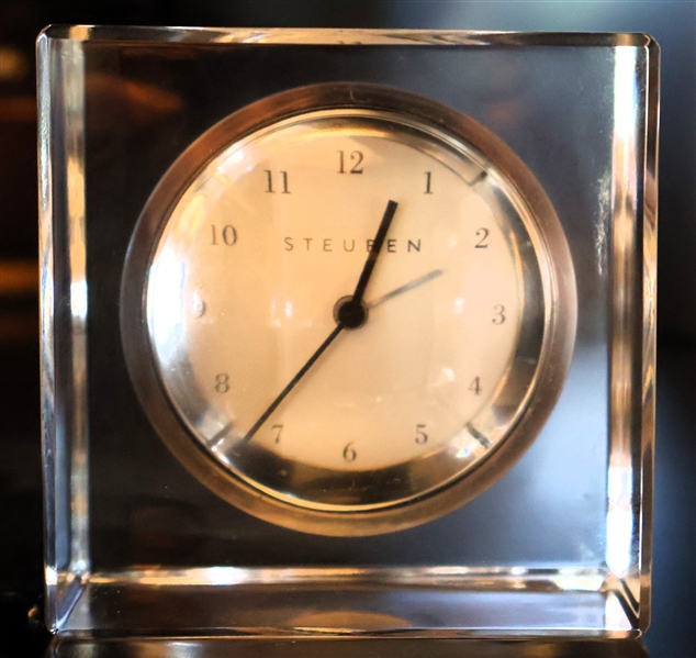 Steuben Art Glass Desk Clock - Cube - Measures 3" by 3" by 2" 