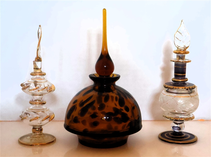 3 Delicate Blown Glass Perfume Bottles - 2 Venetian Glass with Gold Details and Tortoise Shell Style Glass Measuring 6" Tall 