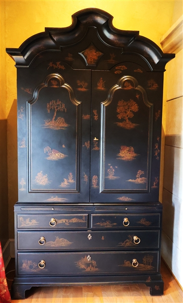 Ralph Lauren Chinoiserie Armoire - Double Doors and Top with Shelves and 2 Drawers Inside - 2 Pull Out Trays Over 4 Drawers - Finished on 3 Sides - Measures 89 1/2" Tall 47 1/2" by 22" 