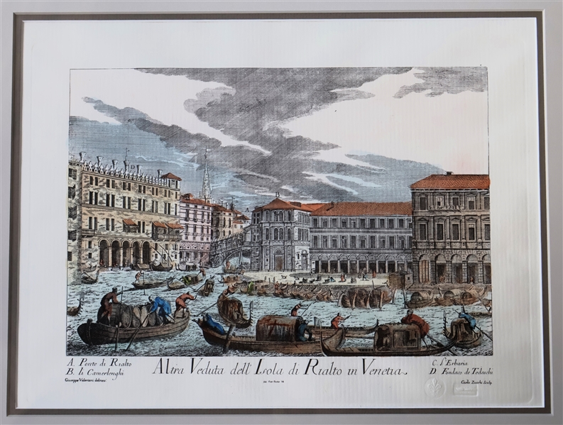 "Atra Vedita dell Isola di Rialto in Venetia" Italian Etching - Seal Embossed on Art - Framed and Double Matted - Frame Measures 19" by 22" 