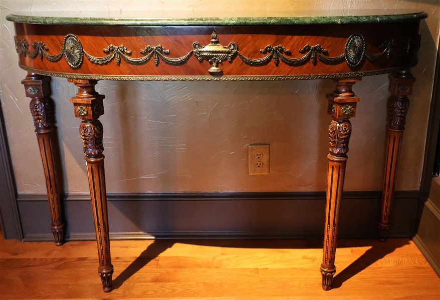 Green Marble Top Demilune Table with Fancy Carved Legs - Brass Ormolu - Table Measures 36" Tall 58" by 17 1/2" 