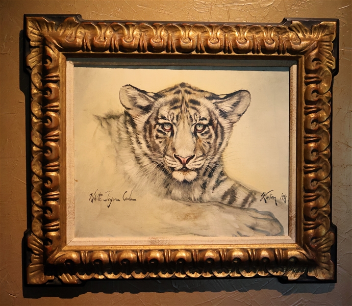 "White Tiger Cub" Original 20th Century American Oil on Canvas Painting by Katon - Artist Signed and Dated 1981 - Framed - Frame Measures 24" by 28" 