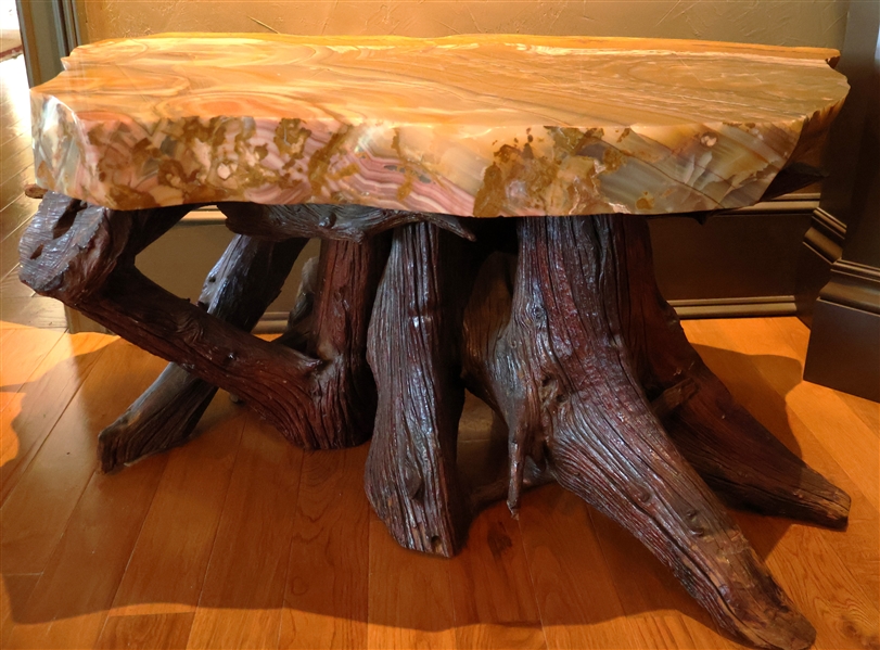 Outstanding Agate / Stone Top Table with Driftwood Base - Table Top is Made From Thick Stone Specimen Slab Measuring Approx. 38 by 24" -3" Thick - Driftwood Base Measures 15" Tall Overall Table...