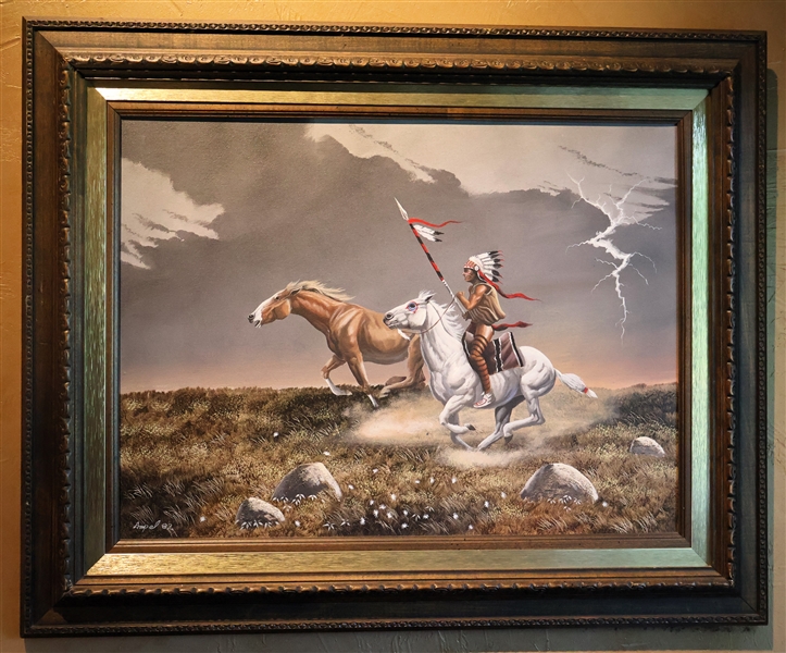 "Indian Rider and Horses" 20th Century American Oil on Canvas Painting by Gary Ampel - Signed and Dated 1982 - Framed - Frame Measures 25" by 31 1/2"