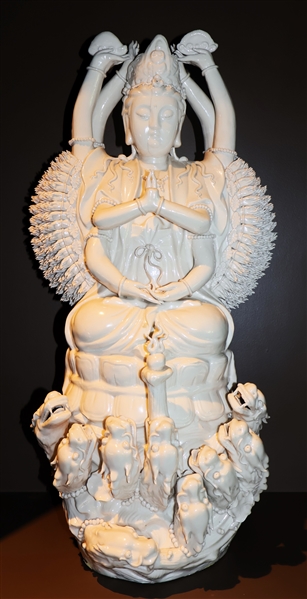 White Porcelain Oriental Goddess Statue with Dragons - Back of Head Has Been Repaired - Measures 24" Tall 