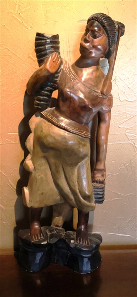 Hand Carved African Woman Wooden Statue - Signed Clemente - Measures 25" Tall 