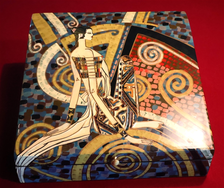 Hand painted Slant Top Document Box with Painting of Woman - Box Measures 5 1/2" Tall 12" by 13" 