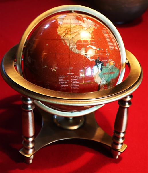 Stone Inlaid Globe in Brass Stand - Globe Measures 6" Across Stand Measures 5 1/2" Tall 