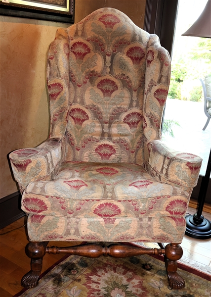 Parker Southern Oversized Wingback Chair with Shell Carved Feet - Burgundy and Tan Upholstery -Very Clean - Measures 55" tall 39" by 30" - Some Fading on Chair Back 