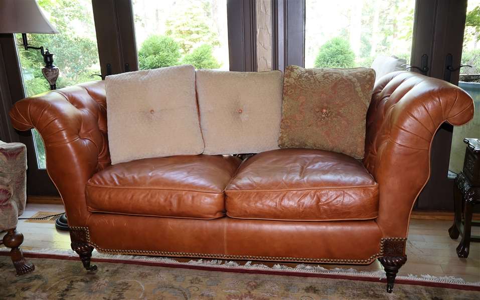 Whittemore- Sherrill Limited Leather Open Back Settee - Fine Button Tufted Ends and Leather Seats and Leather Backed Pillows - Open Gallery Back -Measures 78" Long 34" Deep