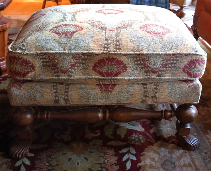 Nice Tan and Burgundy Upholstered Ottoman - Shell Carved Feet - Measures 19" Tall 28" by 22" 